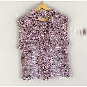 Design Options Womens Sleeveless Fringe Chunky Cardigan Large Purple Boho Hippie